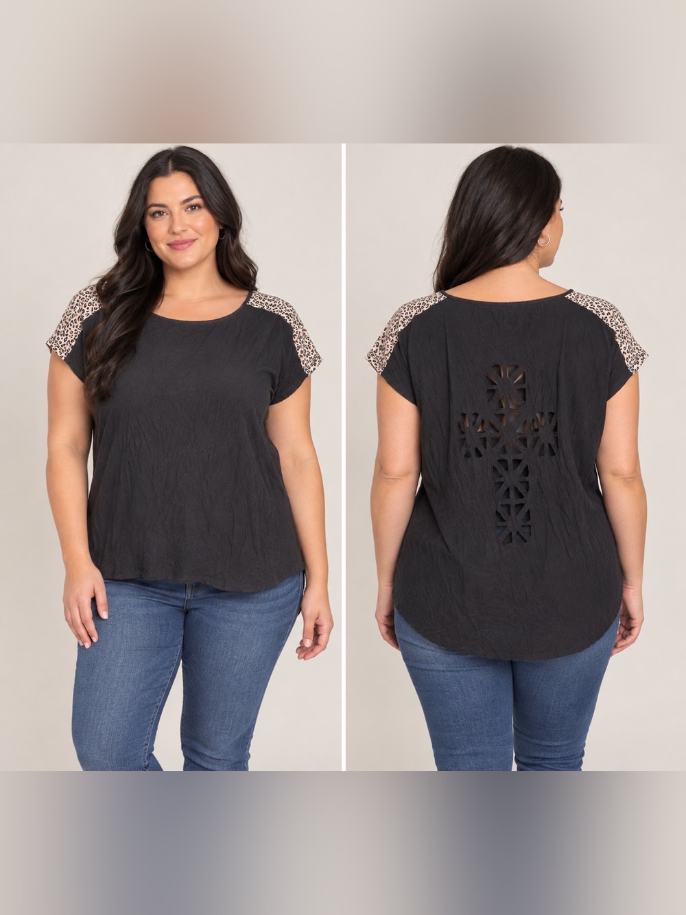 Forever 21 Black Short Sleeve Top Leopard-Print Shoulder Trim laser cut cross 2X